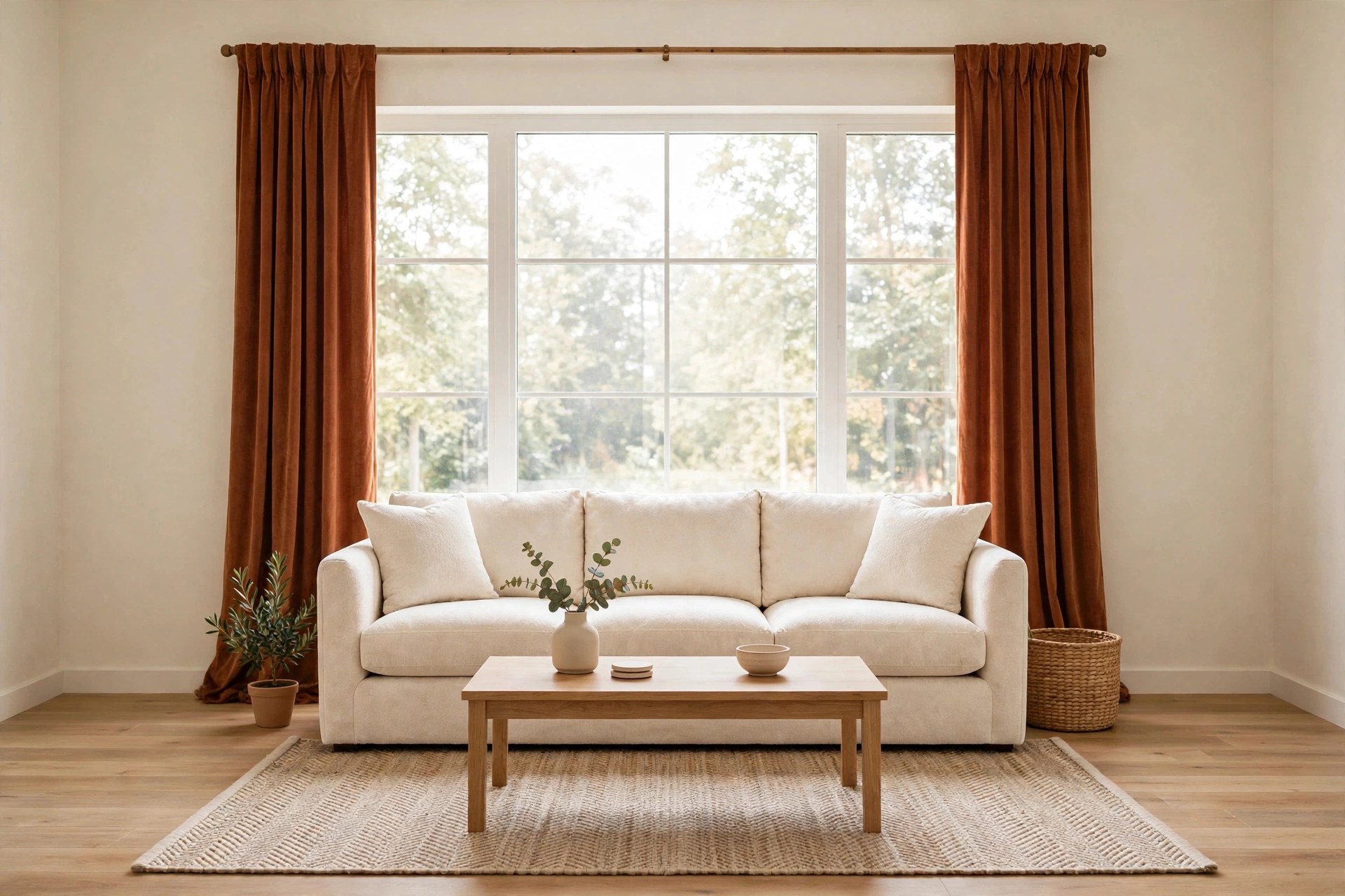 Same living room with fresh curtains and beautiful new sofa