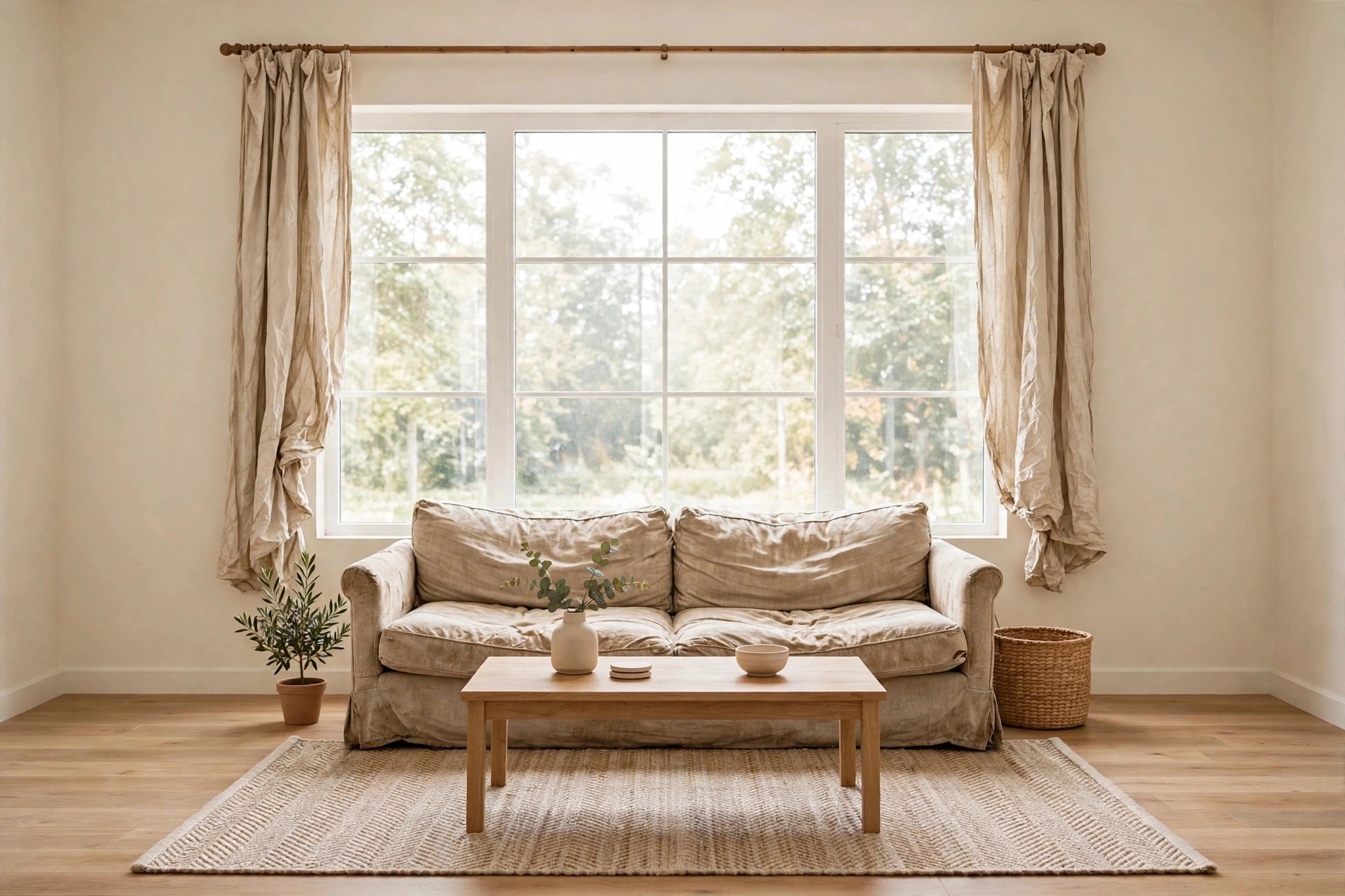 Living room with faded curtains and worn sofa